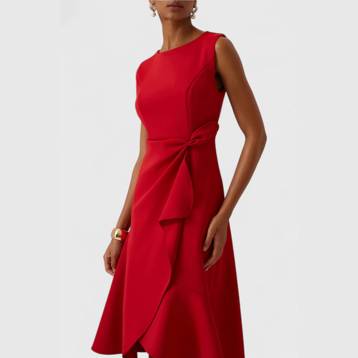 Women's Structured Sleeveless Midi Dress – Round Neck Fitted Flared Hem