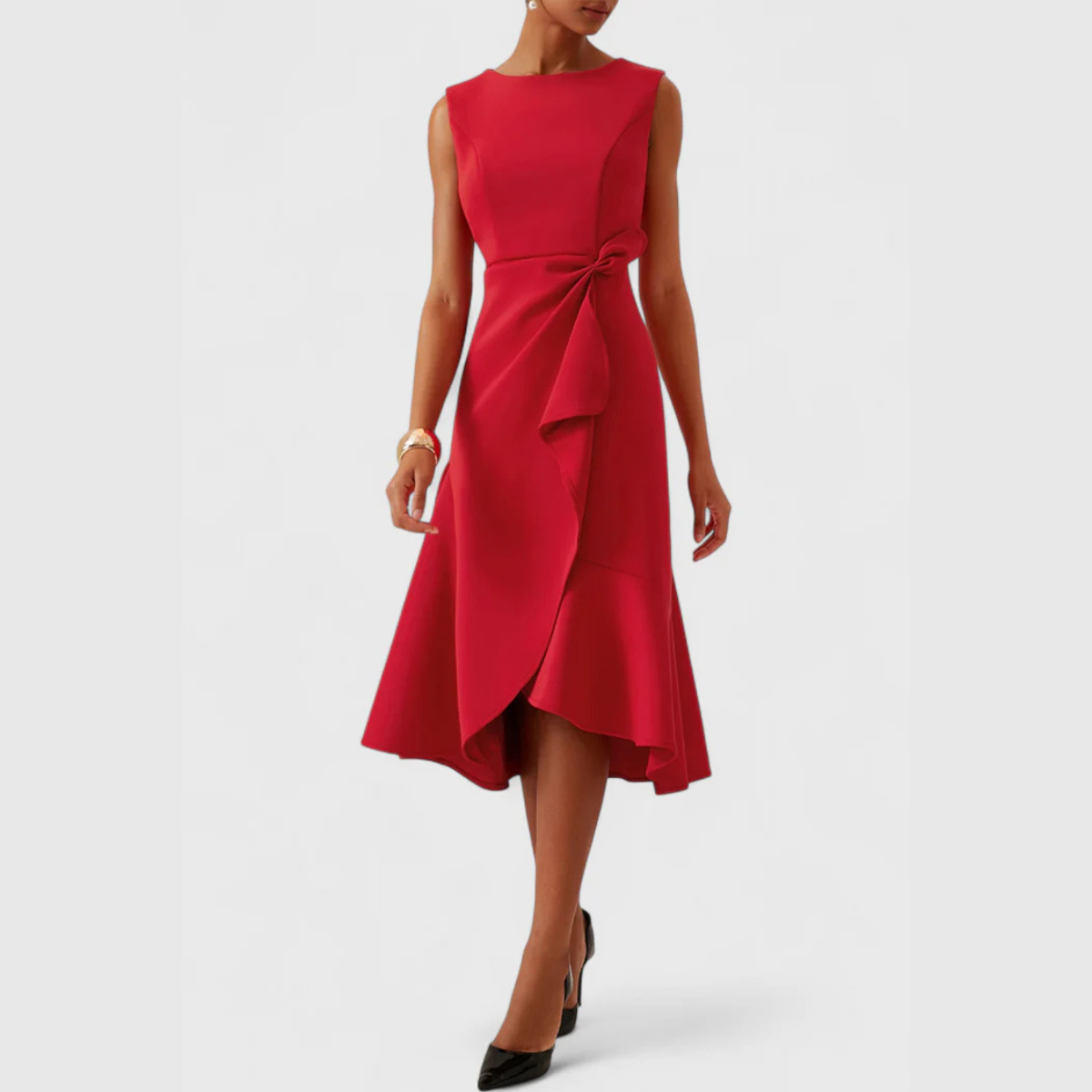 Women's Structured Sleeveless Midi Dress – Round Neck Fitted Flared Hem