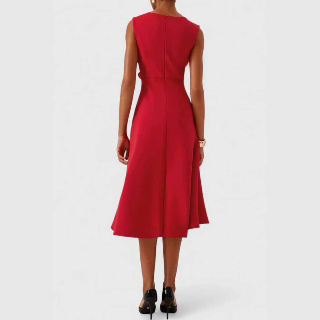 Women's Structured Sleeveless Midi Dress – Round Neck Fitted Flared Hem