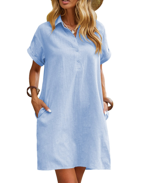 Women's Mid-Length Shirt Dress – Buttoned V-Neck Lightweight Fabric with Pockets