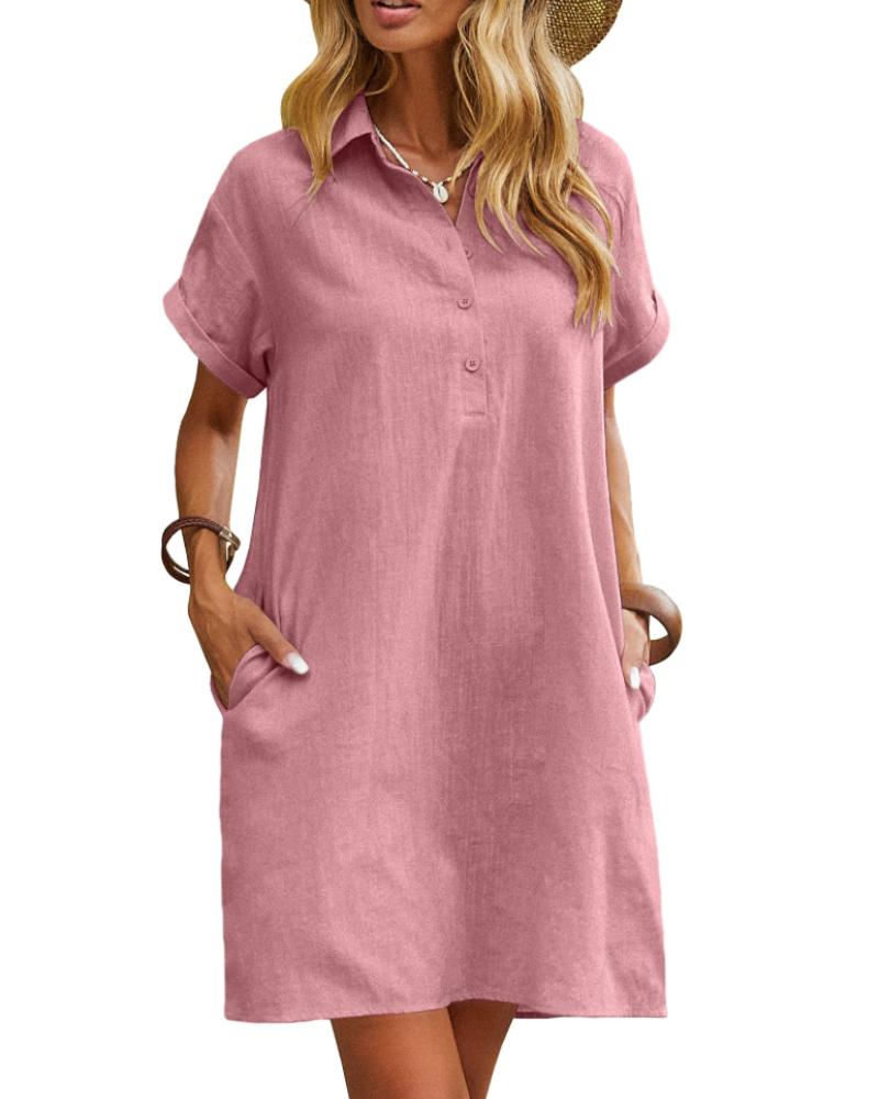 Women's Mid-Length Shirt Dress – Buttoned V-Neck Lightweight Fabric with Pockets
