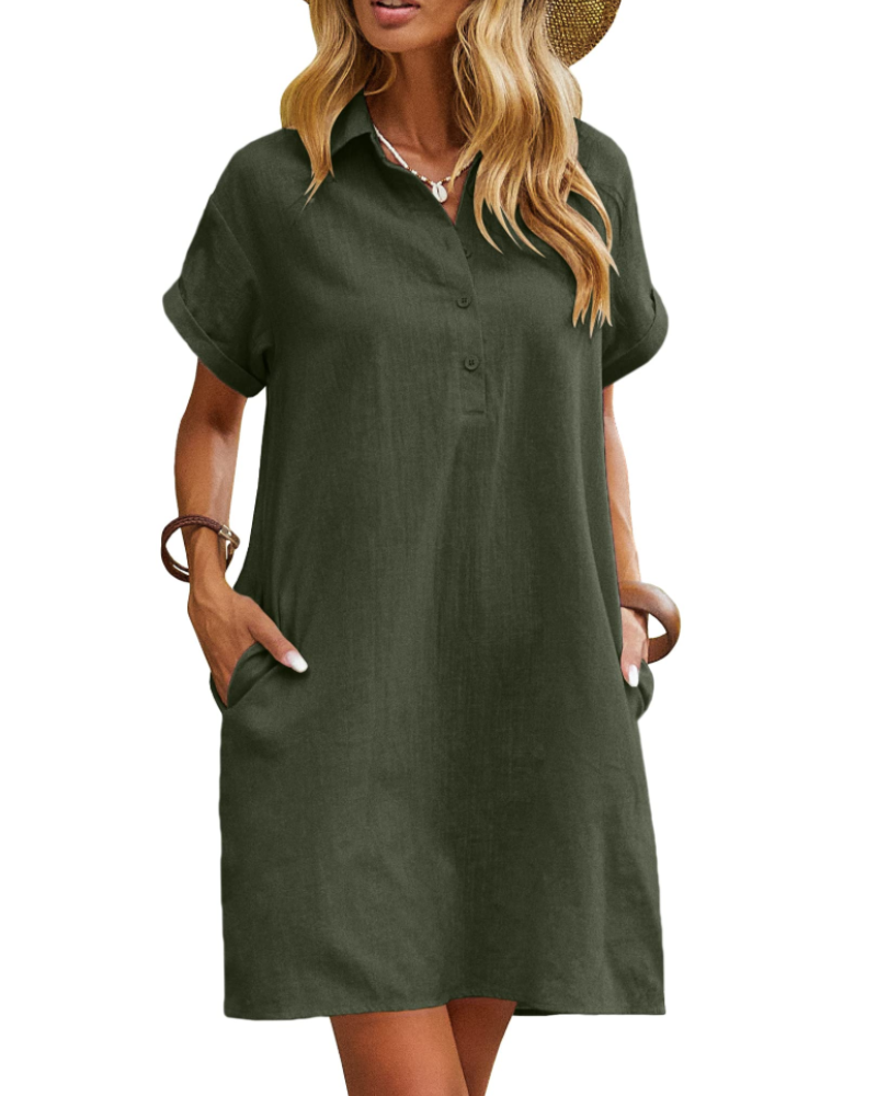 Women's Mid-Length Shirt Dress – Buttoned V-Neck Lightweight Fabric with Pockets