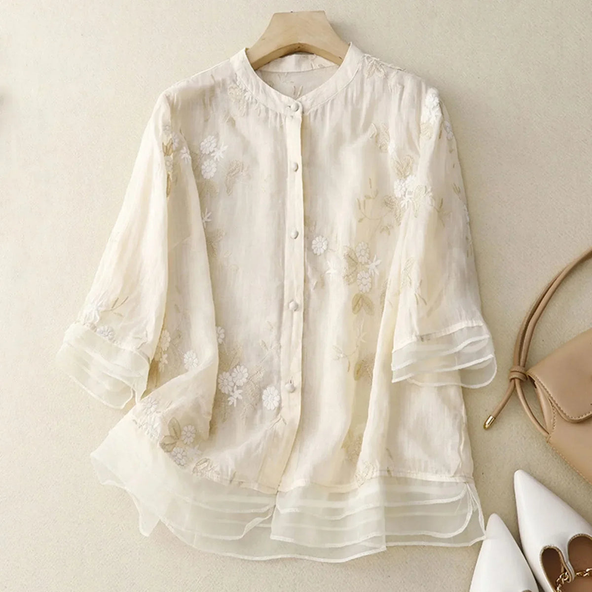 Women's Embroidered Flowy Blouse – Flared Sheer Organza Details