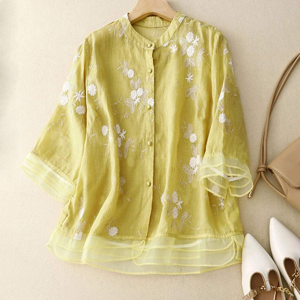 Women's Embroidered Flowy Blouse – Flared Sheer Organza Details