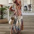 Women's Bohemian Lightweight Maxi Dress – V-Neck Design with Short Sleeves