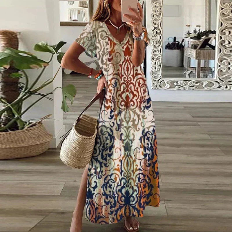 Women's Bohemian Lightweight Maxi Dress – V-Neck Design with Short Sleeves