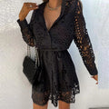Women’s Lace Mini Shirt Dress – Buttoned Belted A-Line Cut