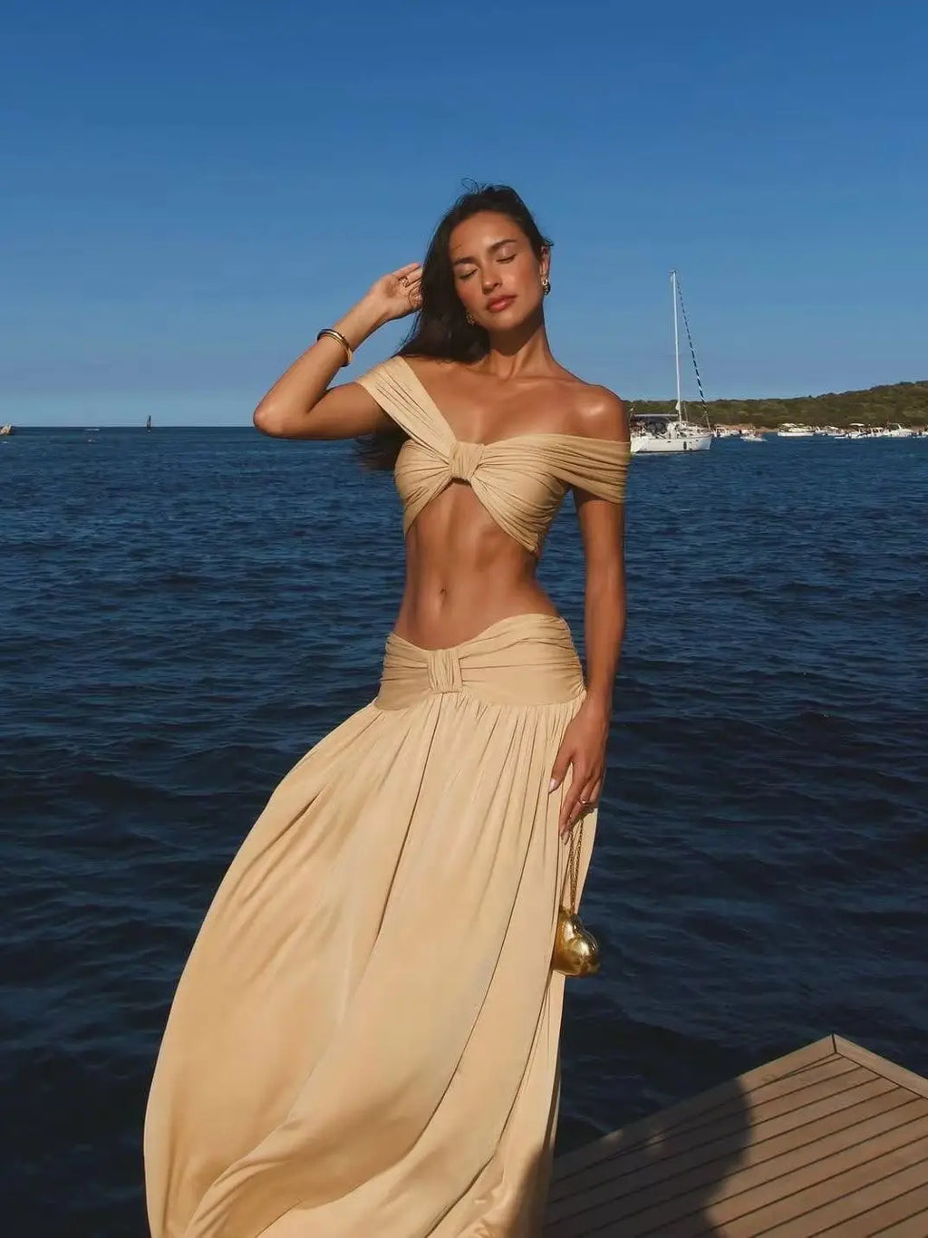 Women's Stretch Two-Piece Maxi Skirt Set – Fitted Off-Shoulder Top