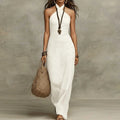 Women's Long Dress with Halter Straps – Sleeveless Cross Neckline