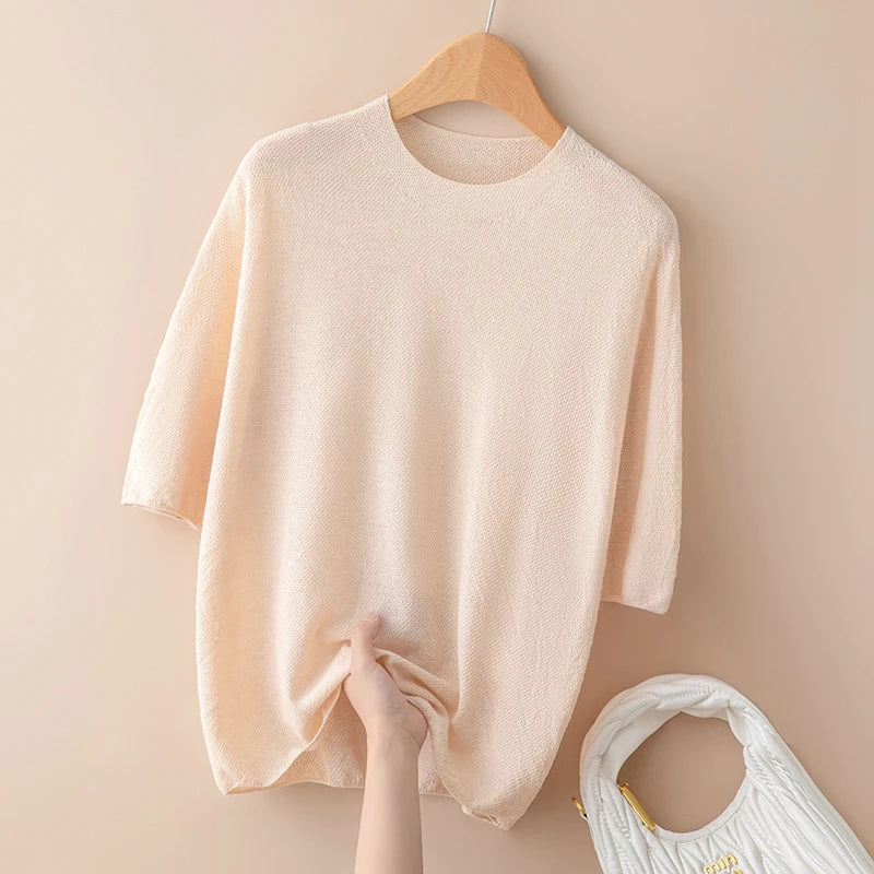 Women's Fine Knit Short Sleeve Top – Lightweight Round Neck