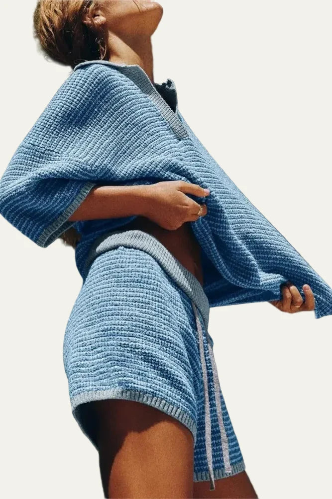 Women's Two-Piece Knit Set – Oversized V-Neck Top & Coordinated Shorts