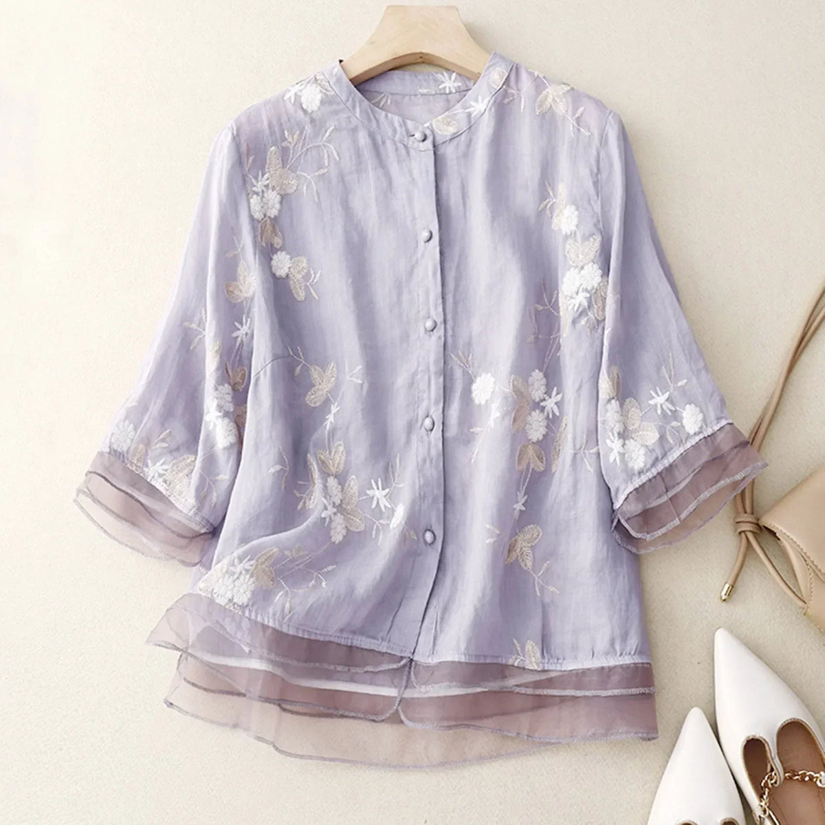 Women's Embroidered Flowy Blouse – Flared Sheer Organza Details