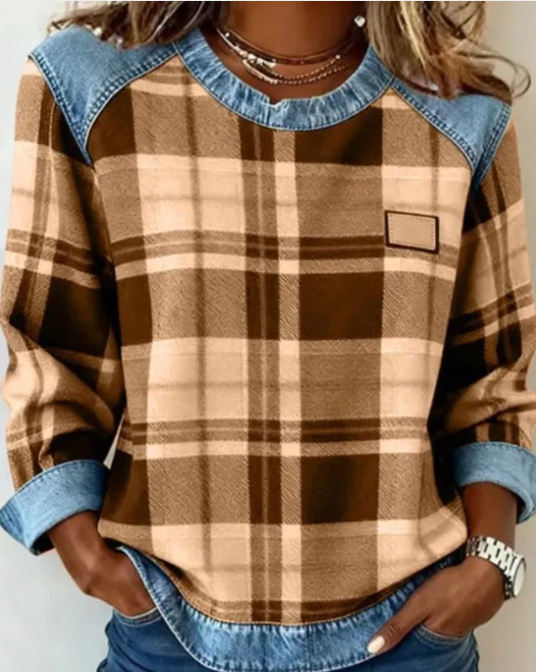 Women's Patchwork Sweatshirt – Crew Neck, Embossed Floral Pattern