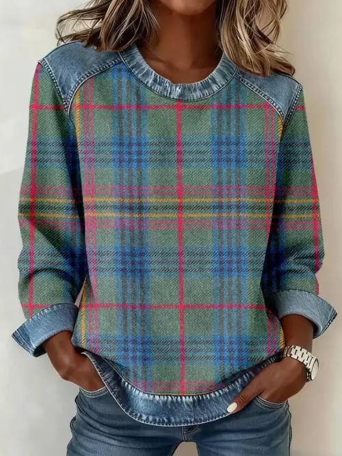 Women's Patchwork Sweatshirt – Crew Neck, Embossed Floral Pattern
