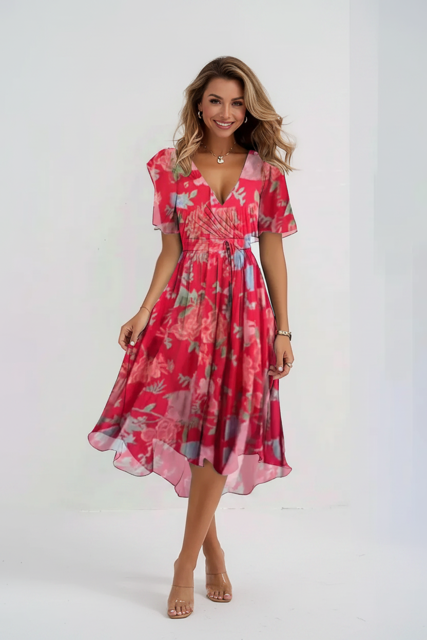 Women's Mid-Length Chiffon-Style Dress – Elegant V-Neckline