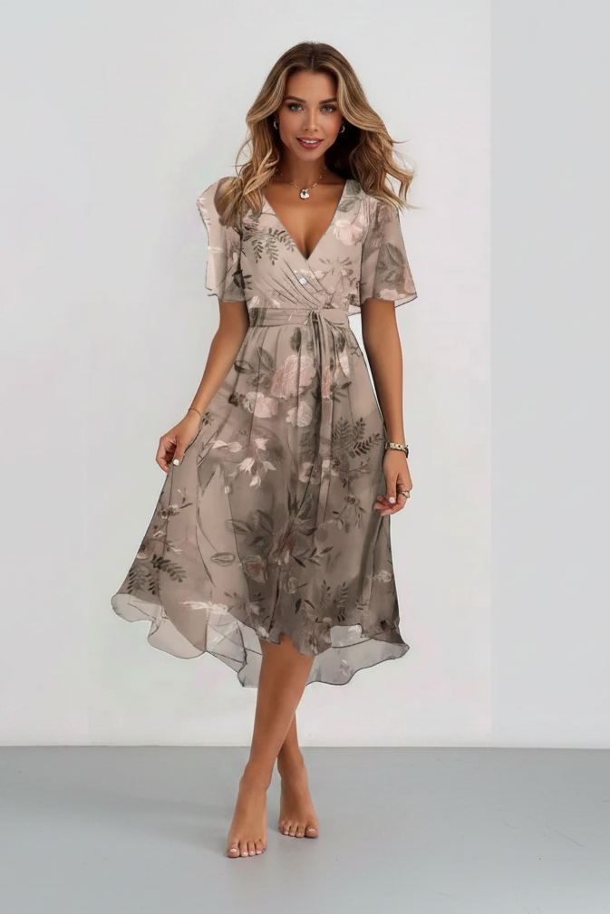 Women's Mid-Length Chiffon-Style Dress – Elegant V-Neckline