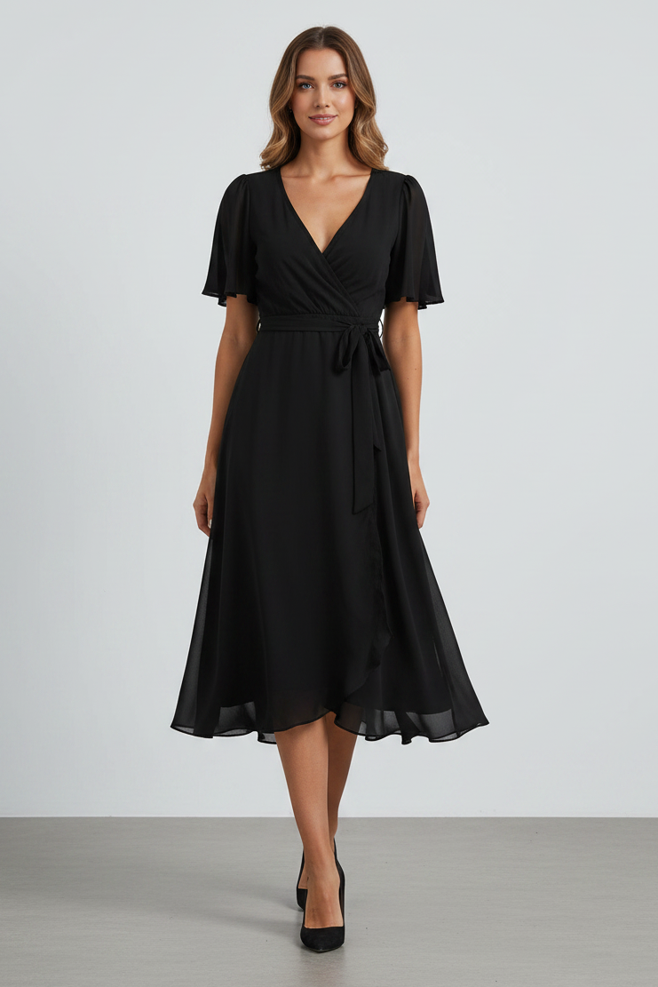 Women's Mid-Length Chiffon-Style Dress – Elegant V-Neckline