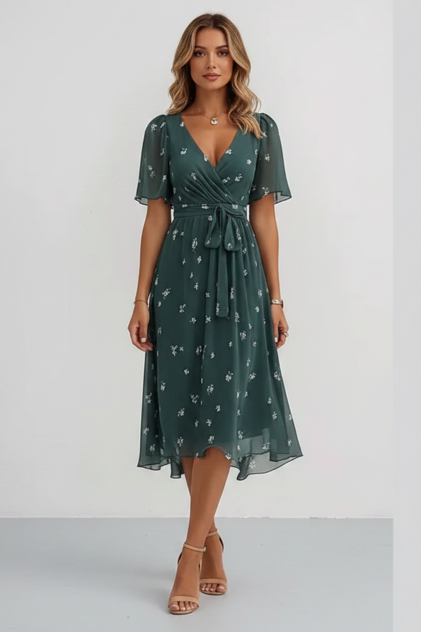 Women's Mid-Length Chiffon-Style Dress – Elegant V-Neckline