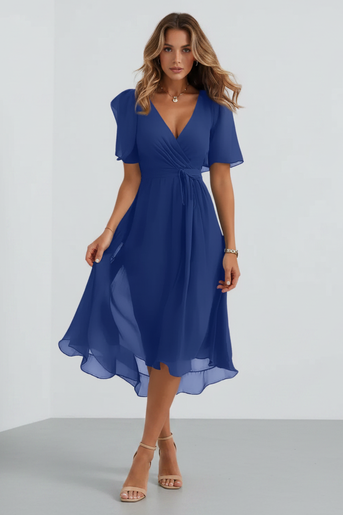 Women's Mid-Length Chiffon-Style Dress – Elegant V-Neckline