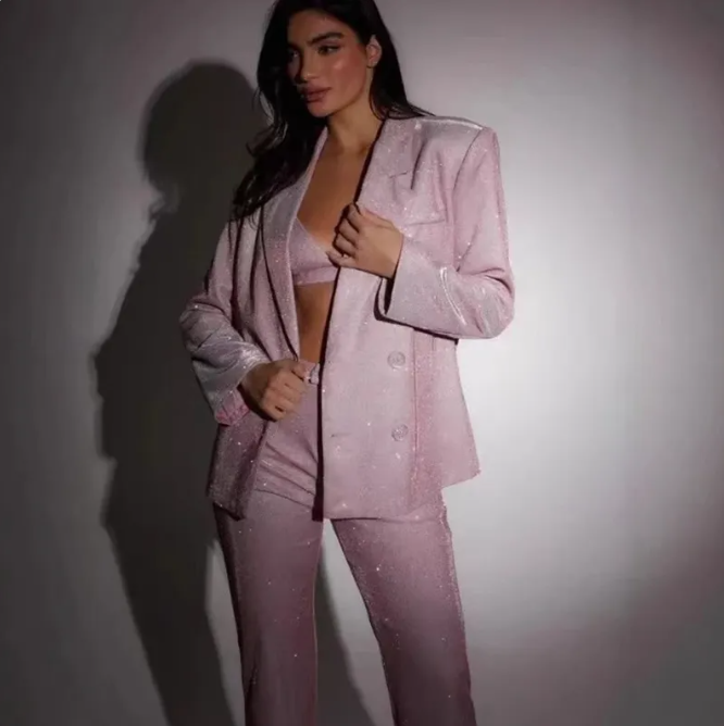 Women's Three-Piece Set – Shiny Blazer, Bralette and Trousers