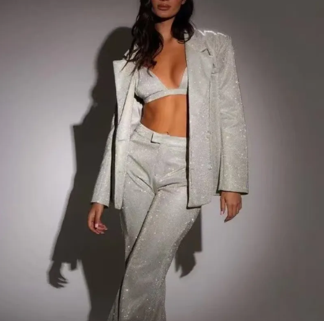 Women's Three-Piece Set – Shiny Blazer, Bralette and Trousers