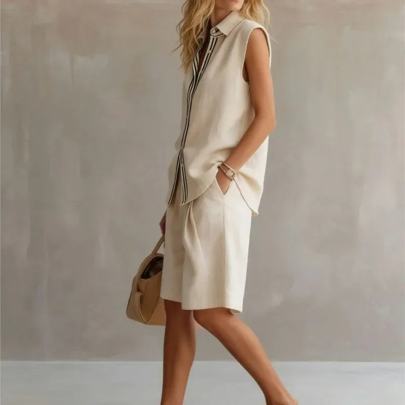 Women's Two-Piece Set – Sleeveless Shirt & Knee-Length Shorts