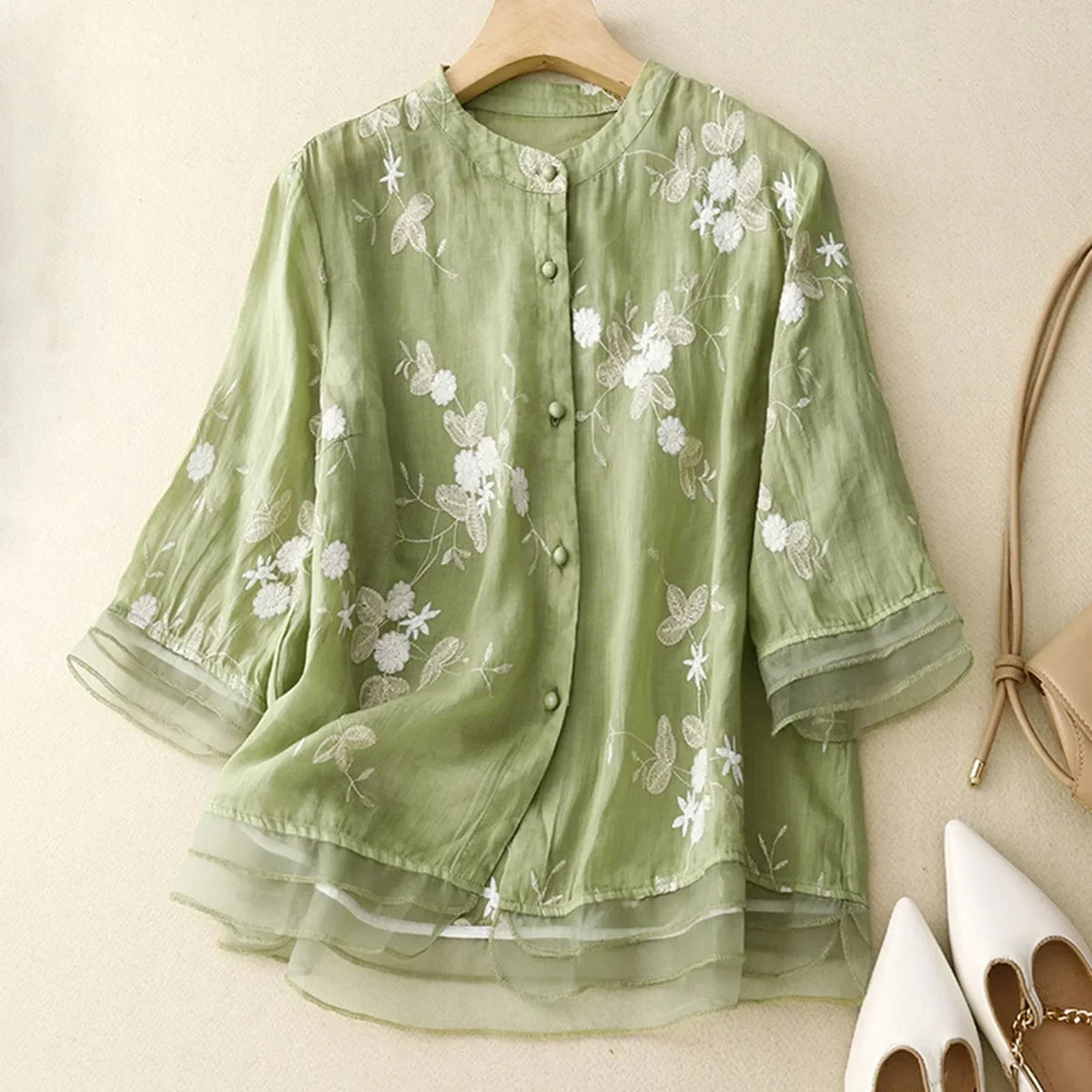 Women's Embroidered Flowy Blouse – Flared Sheer Organza Details