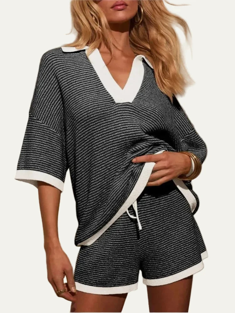 Women's Two-Piece Knit Set – Oversized V-Neck Top & Coordinated Shorts