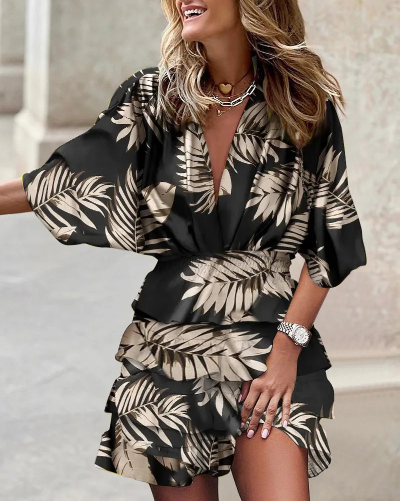Women's Bohemian Lightweight Mini Dress – V-Neck with Batwing Sleeves