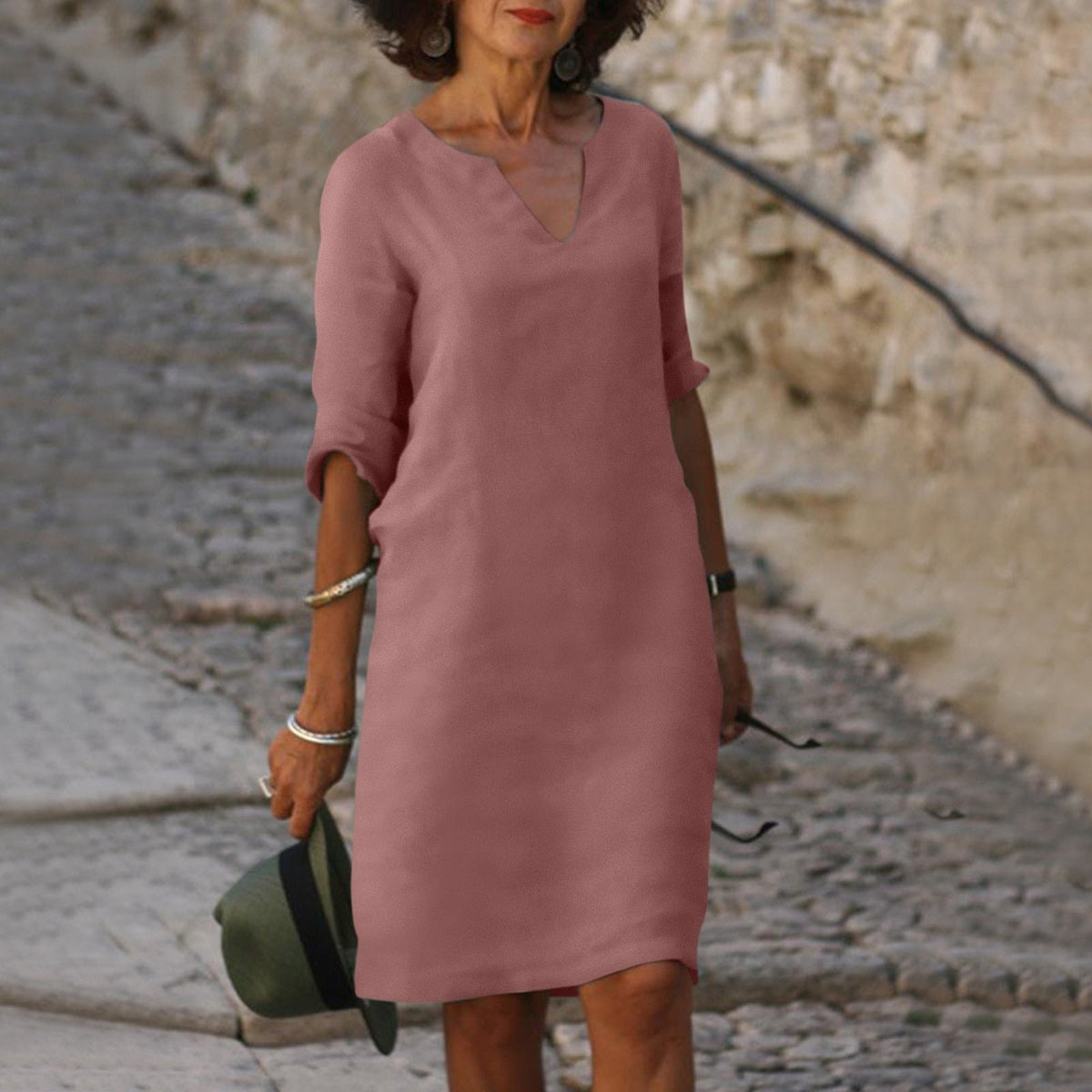 Women's Lightweight V-Neck Midi Dress – Relaxed Straight Cut