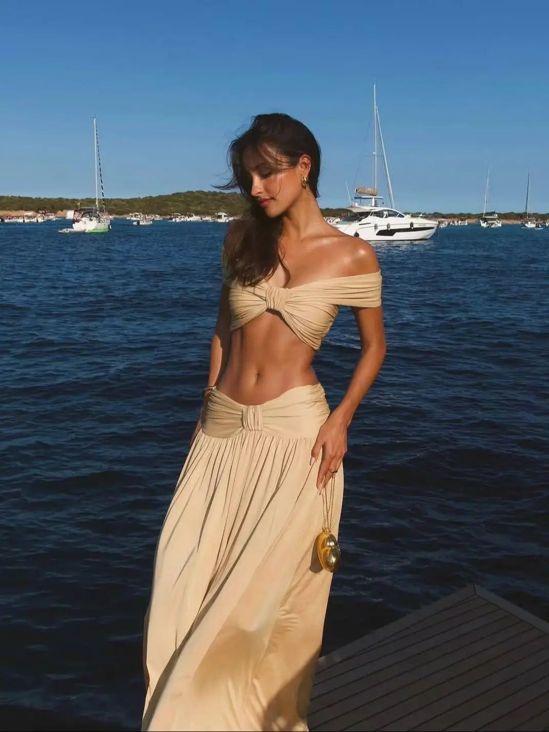 Women's Stretch Two-Piece Maxi Skirt Set – Fitted Off-Shoulder Top