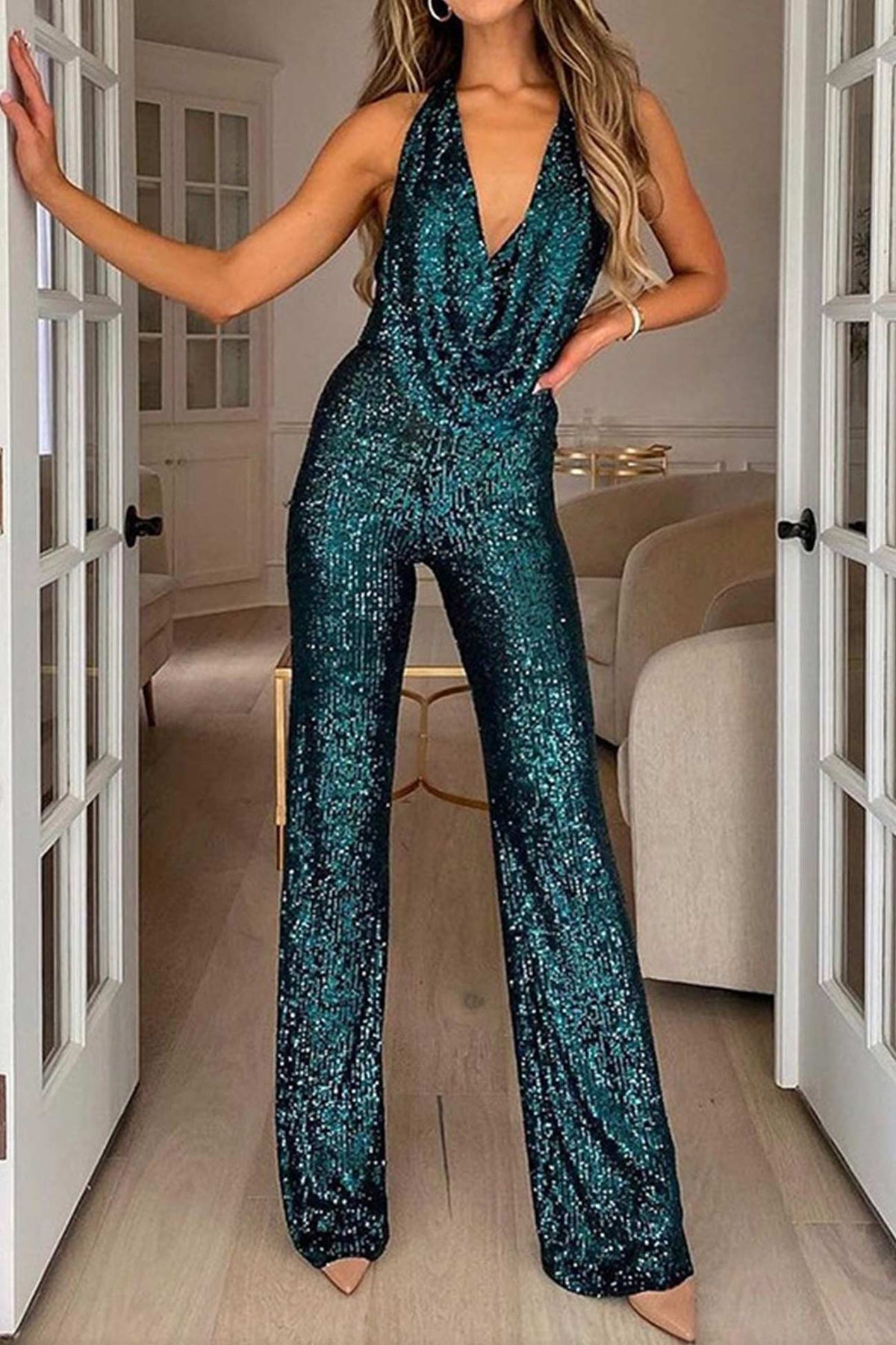 Women's Elegant Sequin Jumpsuit – Tailored Fit Glossy Finish