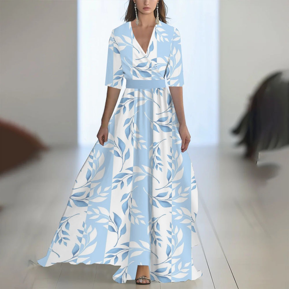 Women's floral maxi dress – V-neck fitted waist