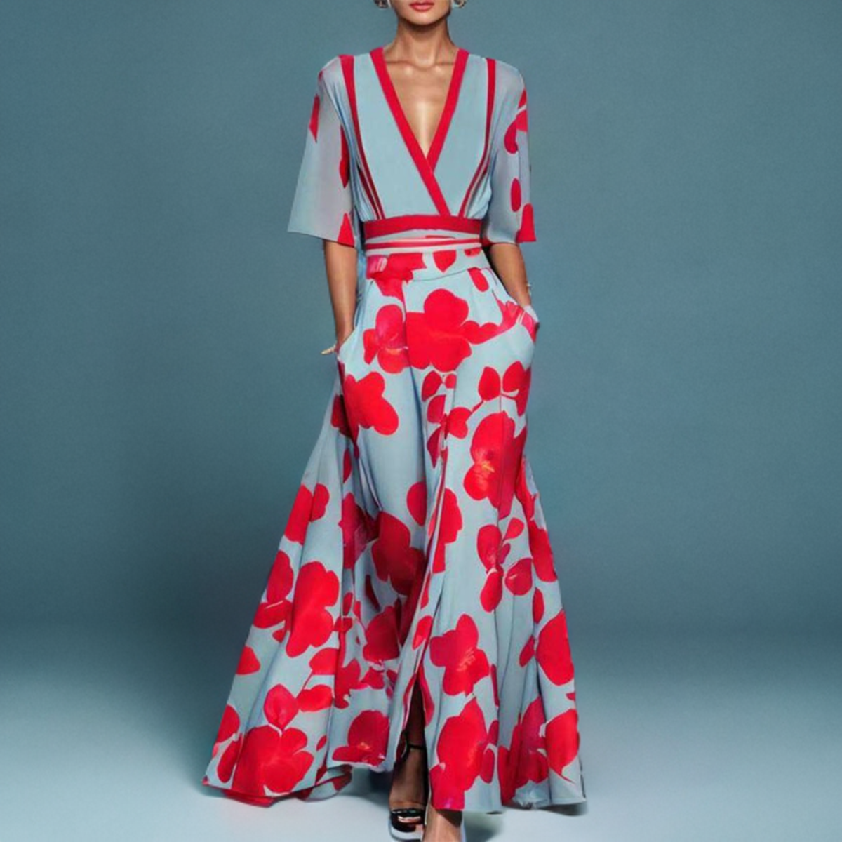 Women's floral A-line maxi dress – V-neck fitted waist