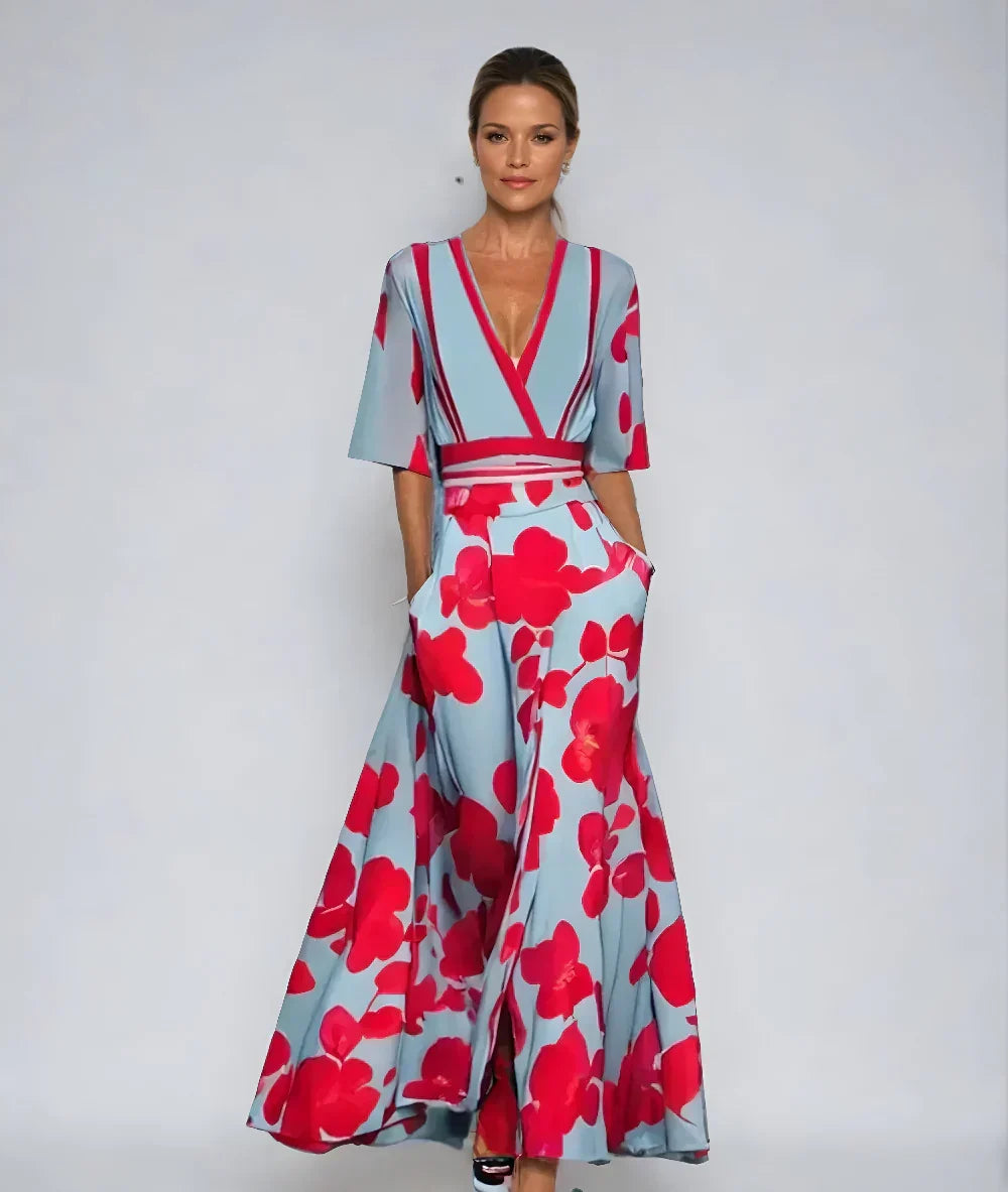 Women's floral A-line maxi dress – V-neck fitted waist