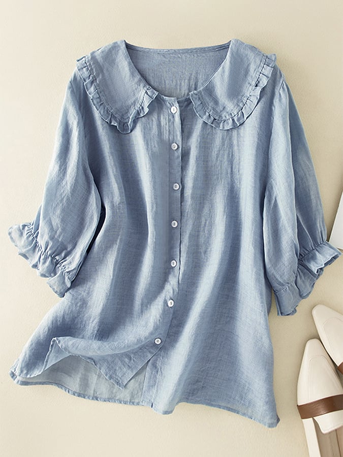 Women's Cotton Blouse with Ruffle Collar – Airy Relaxed Fit with Short Sleeves