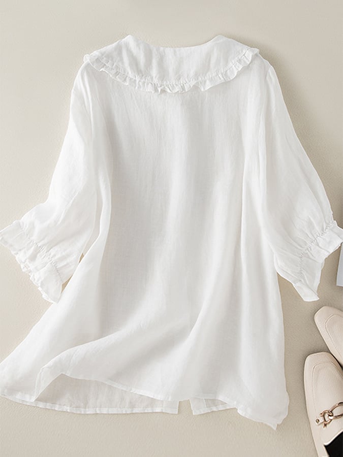 Women's Cotton Blouse with Ruffle Collar – Airy Relaxed Fit with Short Sleeves