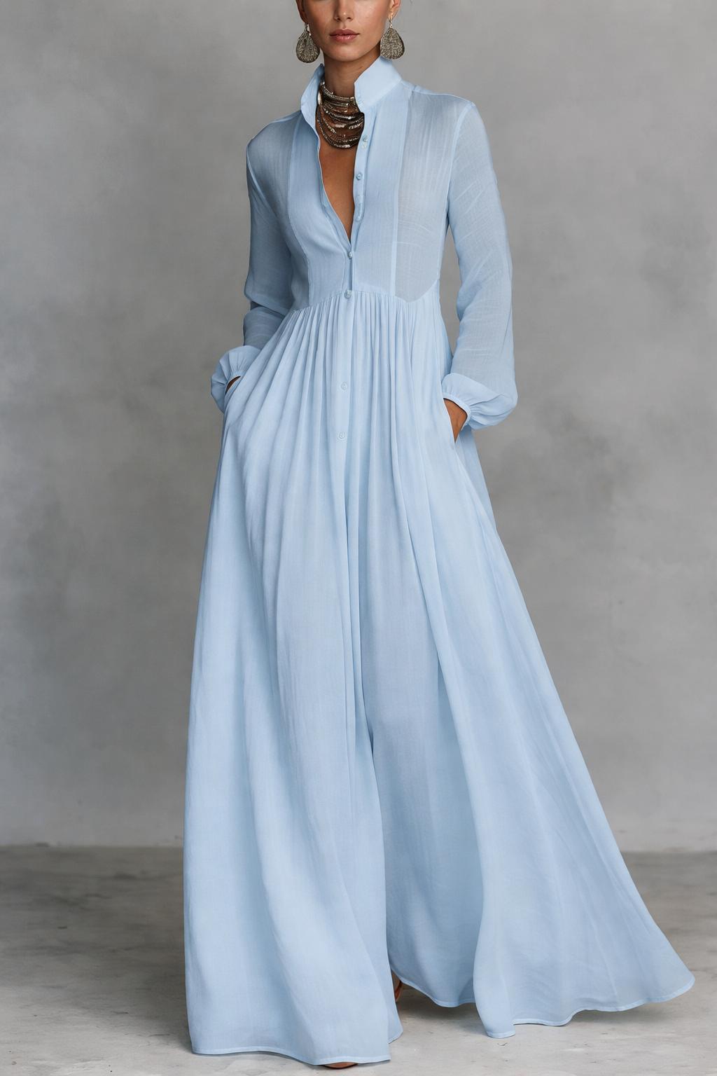 Women’s Pleated Maxi Dress – Lightweight Long Sleeves A-Line Cut Flared Hem