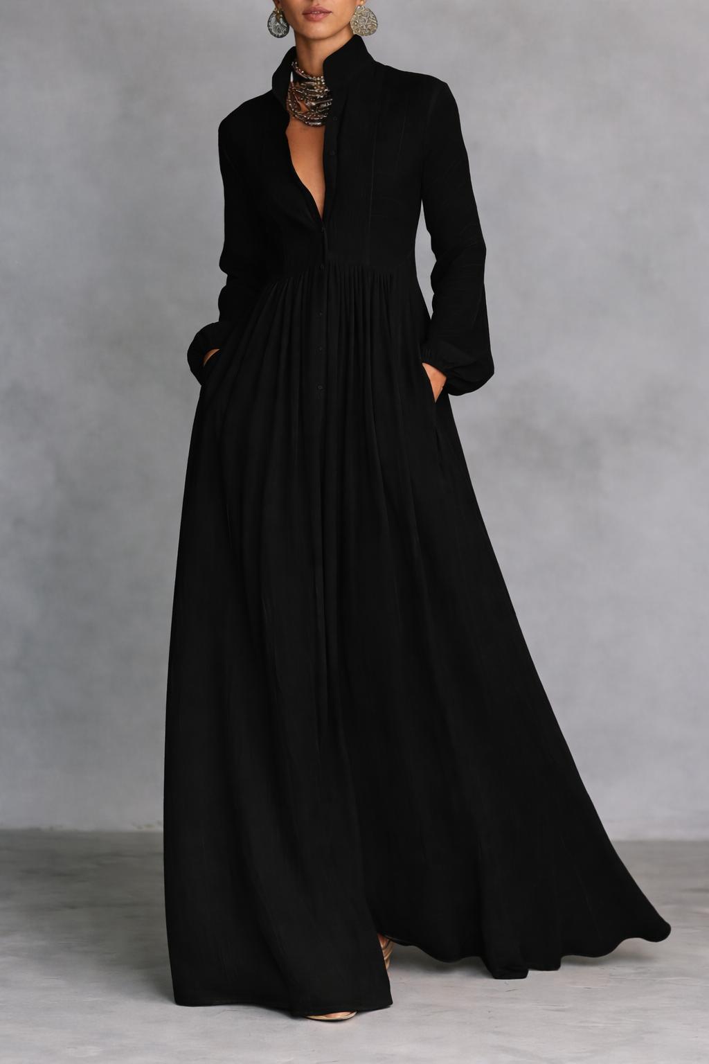 Women’s Pleated Maxi Dress – Lightweight Long Sleeves A-Line Cut Flared Hem