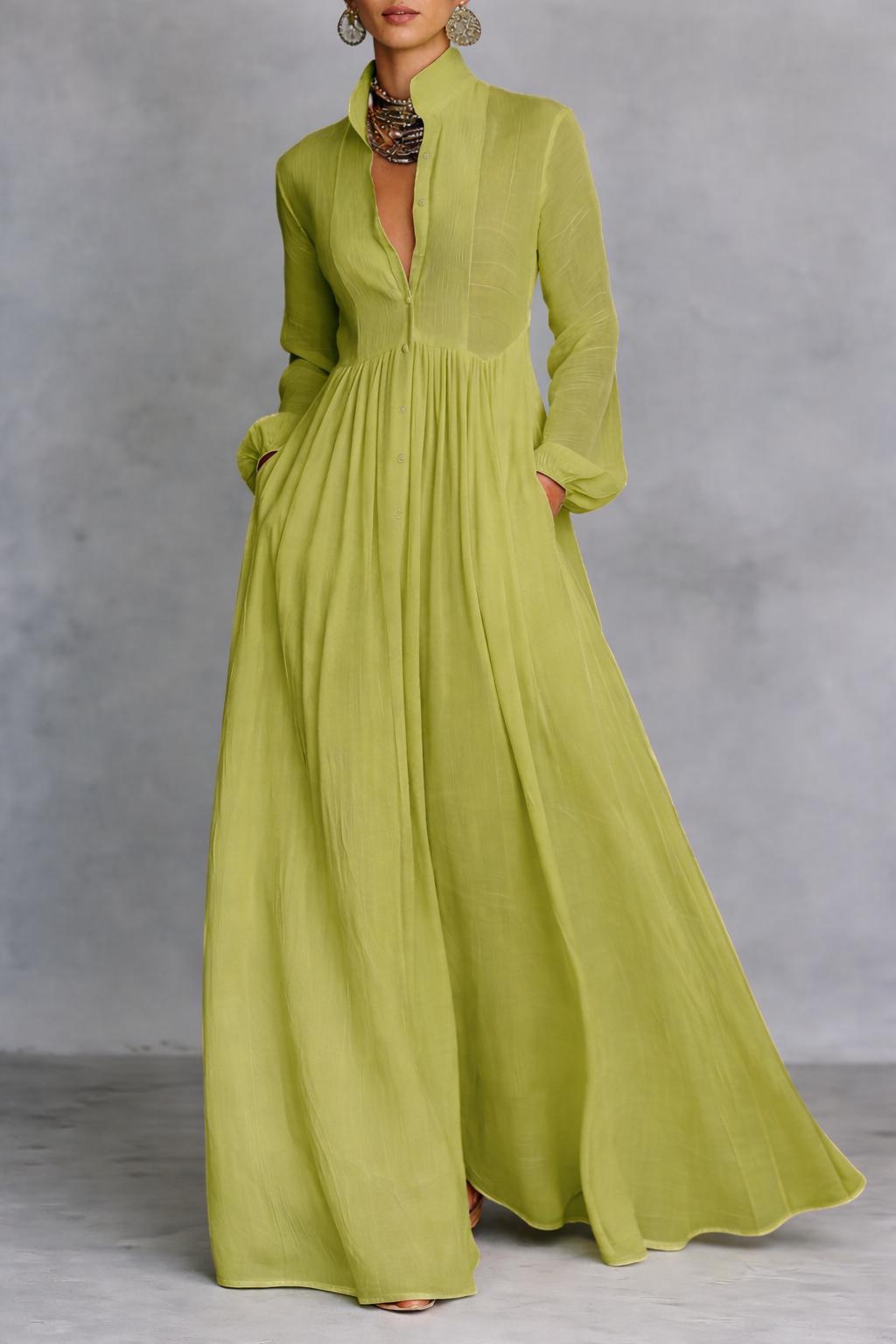 Women’s Pleated Maxi Dress – Lightweight Long Sleeves A-Line Cut Flared Hem