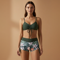 Women's Bikini Set – Ruched Crop Top & High-Waisted Floral Shorts