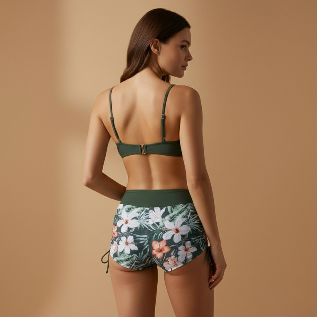 Women's Bikini Set – Ruched Crop Top & High-Waisted Floral Shorts