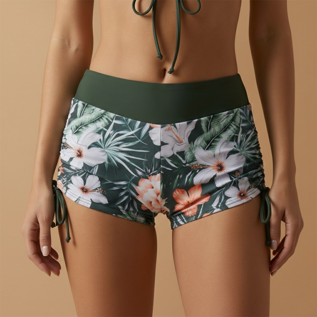 Women's Bikini Set – Ruched Crop Top & High-Waisted Floral Shorts