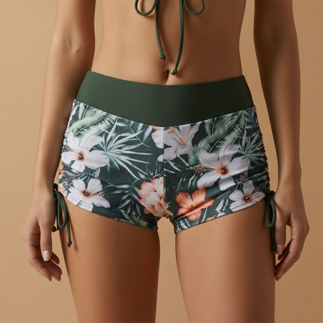Women's Bikini Set – Ruched Crop Top & High-Waisted Floral Shorts