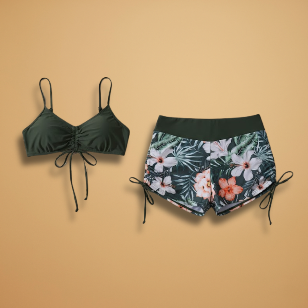 Women's Bikini Set – Ruched Crop Top & High-Waisted Floral Shorts