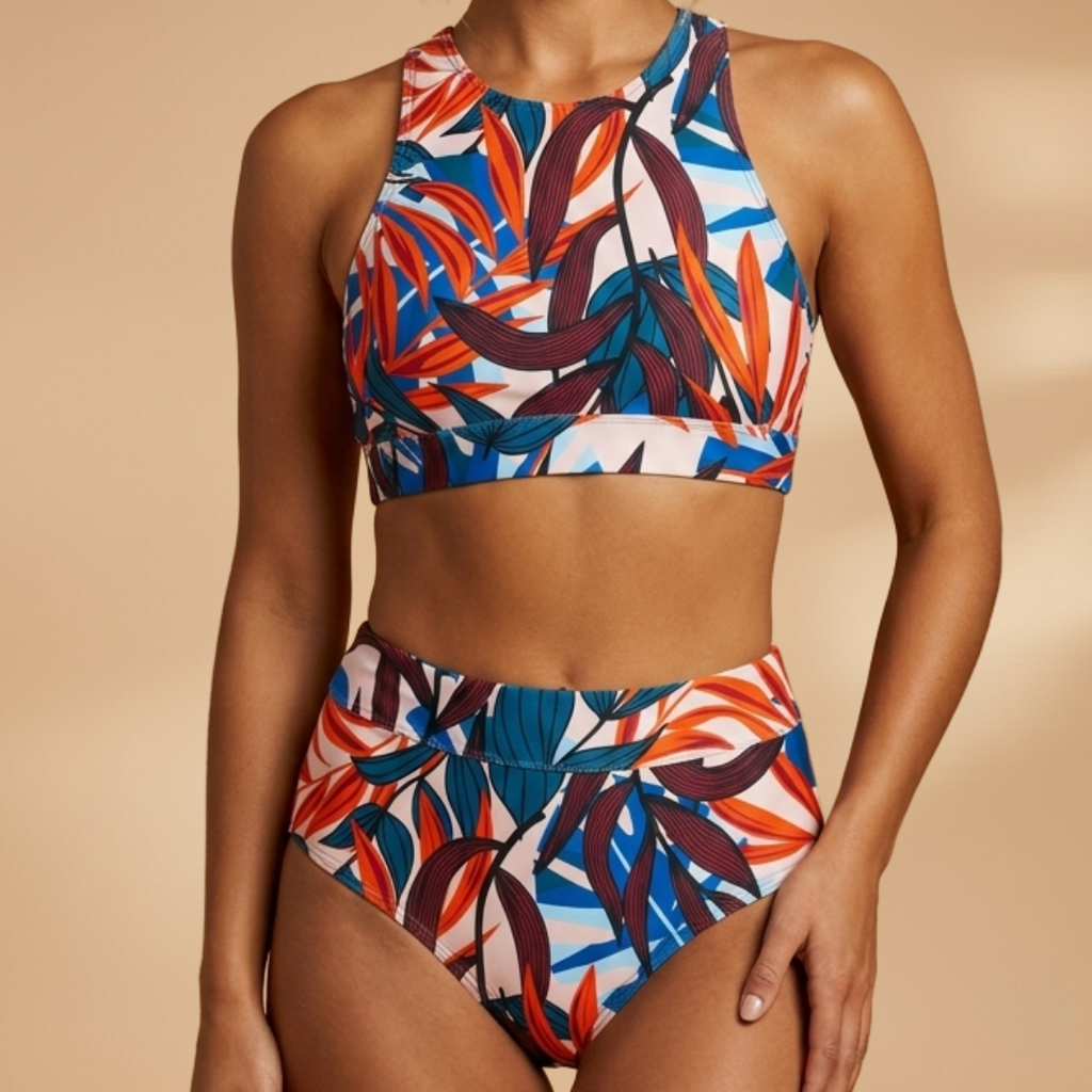 Women's Tropical Print Bikini – Round Neck Crop Top & High-Waisted Bottoms