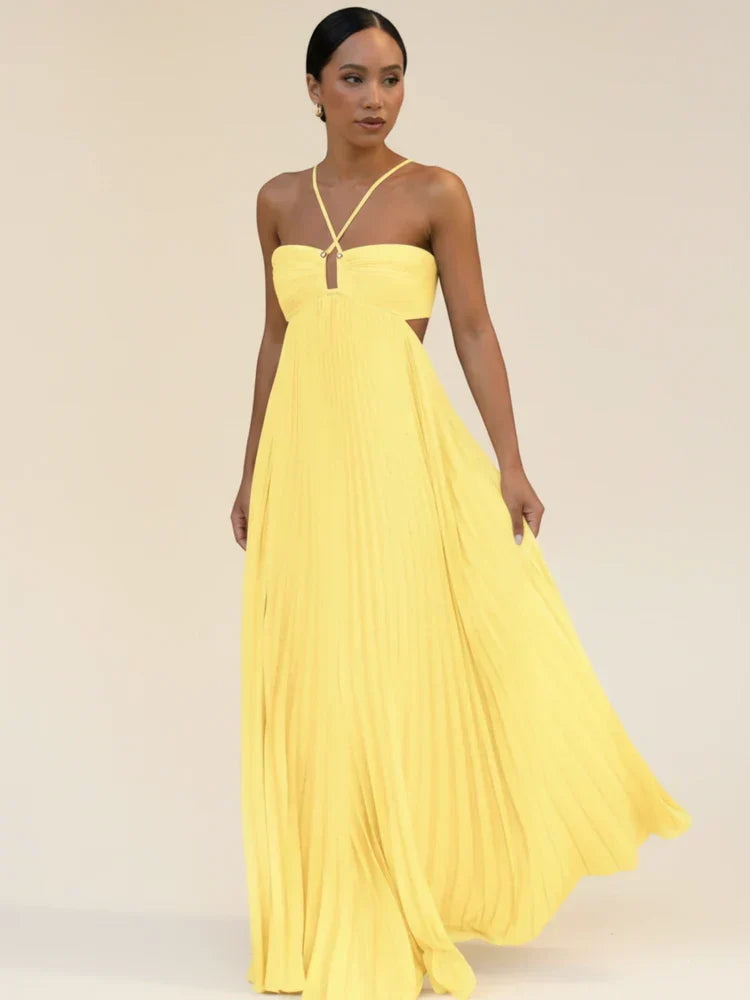 Long Women's Dress with Open Back and Pleated Halter Neck – Flowing Silhouette Floor-Length