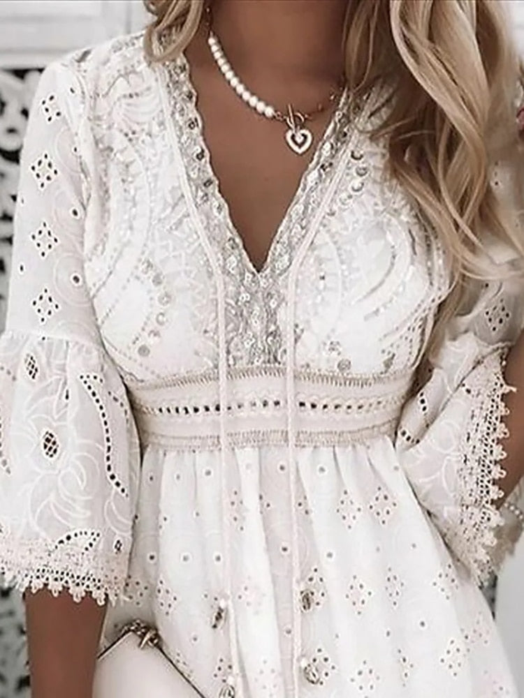 Women's Bohemian Cotton Mini Dress – Embroidered V-Neck with Tassels