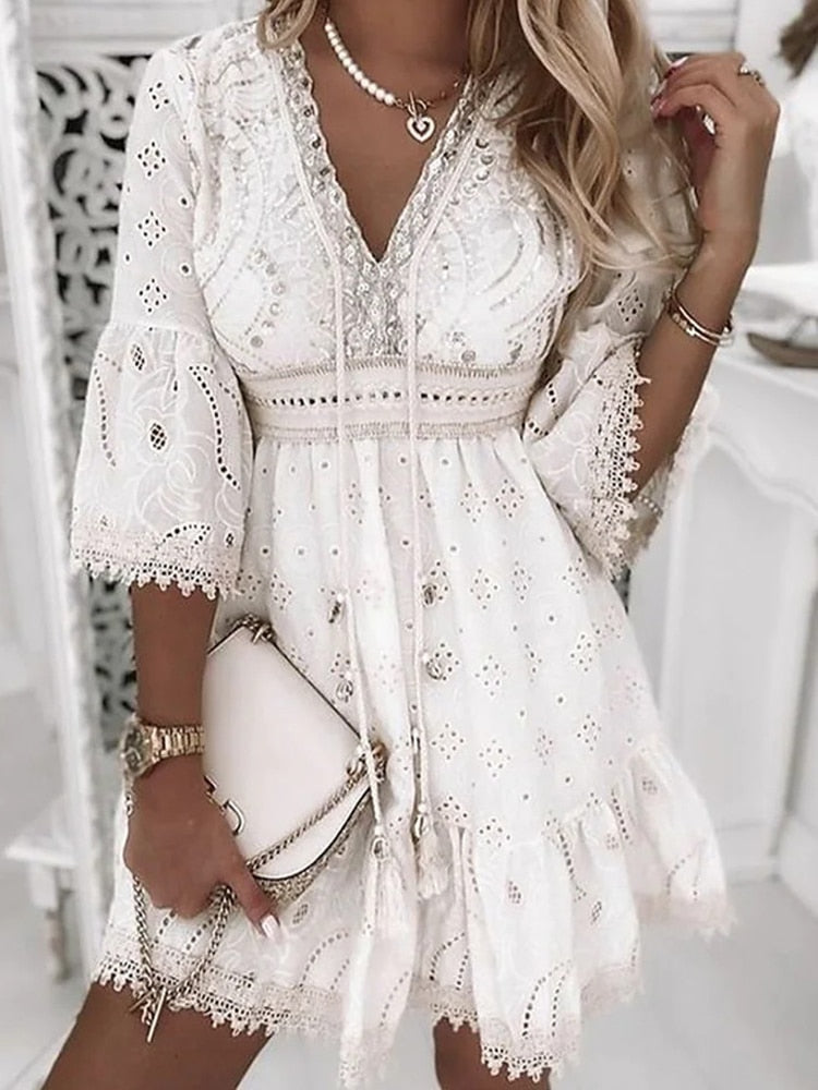 Women's Bohemian Cotton Mini Dress – Embroidered V-Neck with Tassels