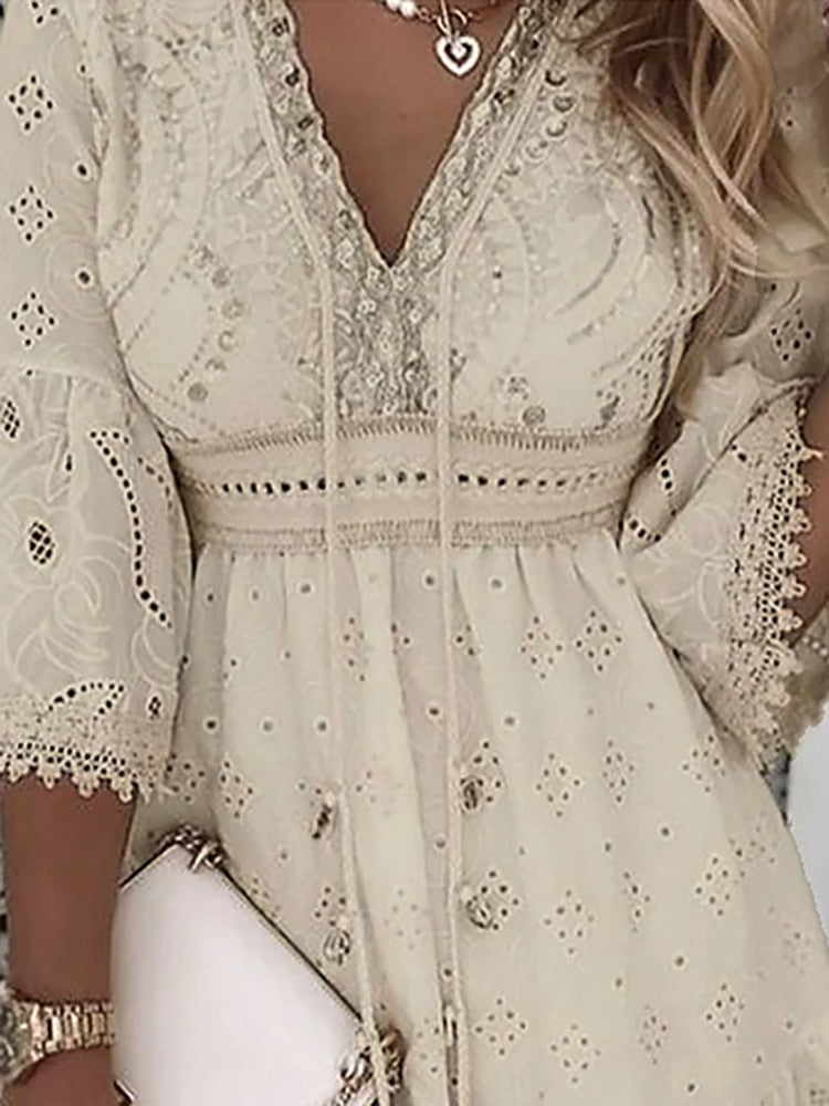 Women's Bohemian Cotton Mini Dress – Embroidered V-Neck with Tassels